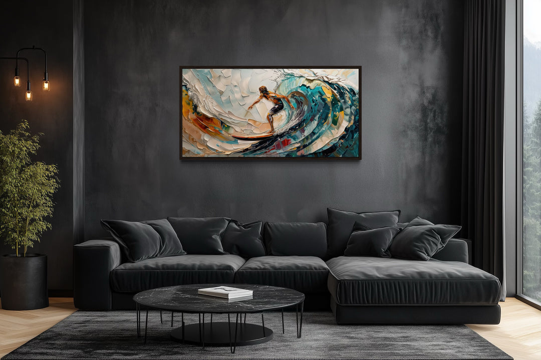 Surfer Riding Big Wave Surfing Framed Canvas Wall Art