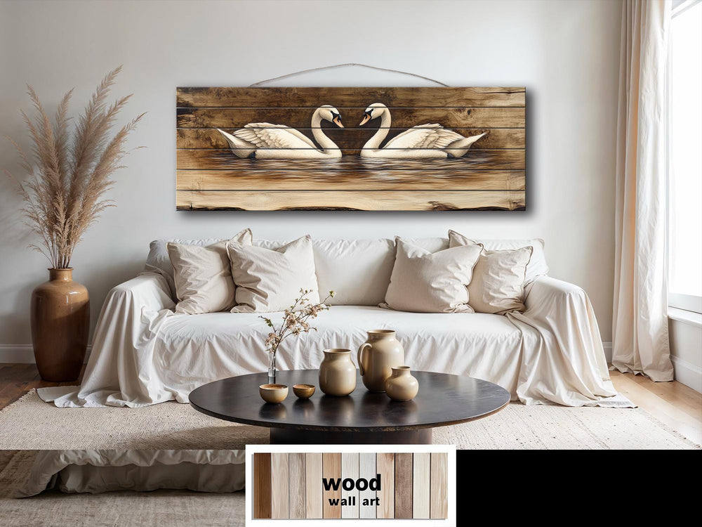 Swan Couple Real Long Horizontal Wood Wall Art