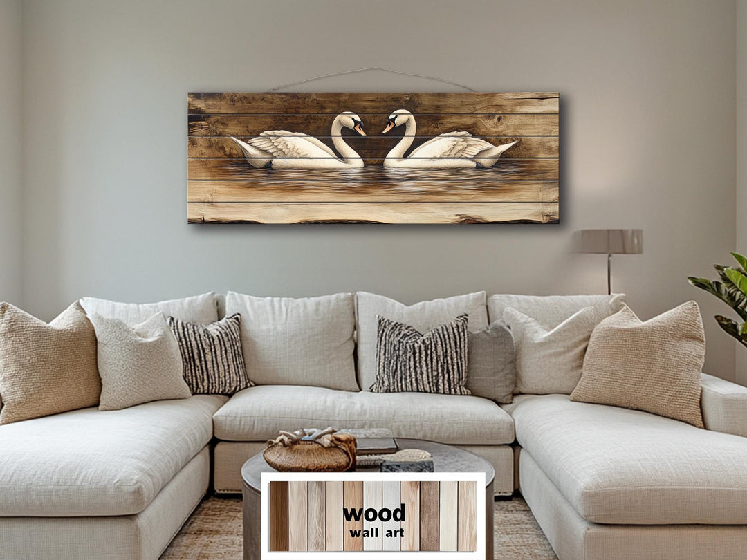 Swan Couple Real Long Horizontal Wood Wall Art