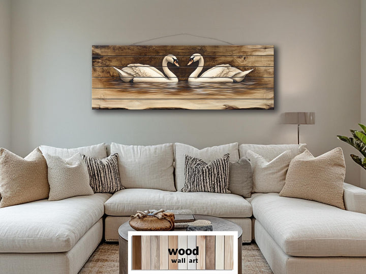Swan Couple Real Long Horizontal Wood Wall Art