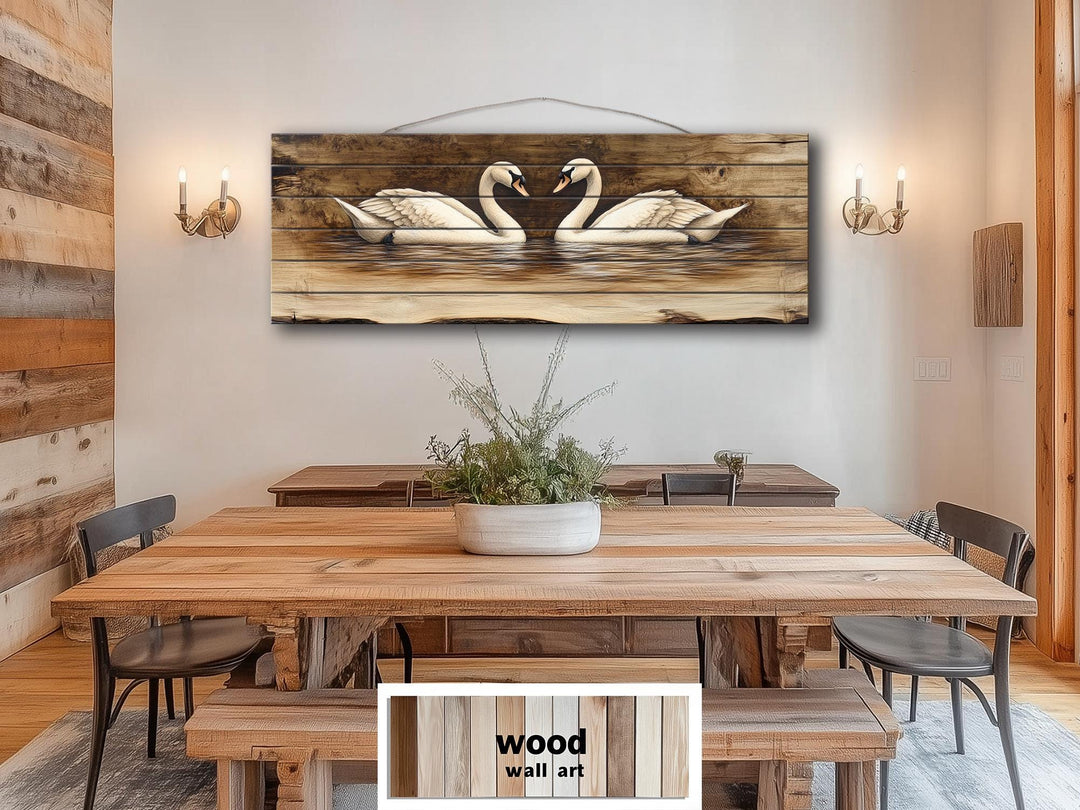 Swan Couple Real Long Horizontal Wood Wall Art