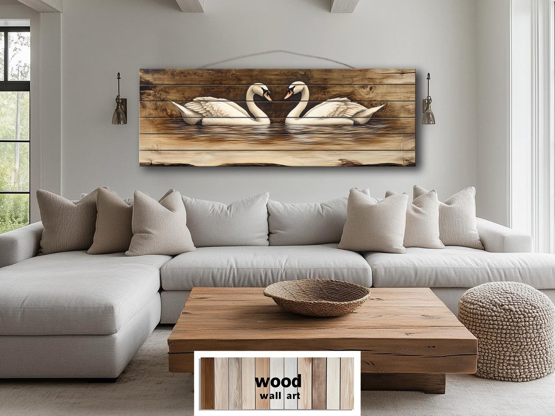 Swan Couple Real Long Horizontal Wood Wall Art