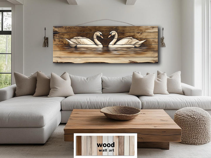 Swan Couple Real Long Horizontal Wood Wall Art