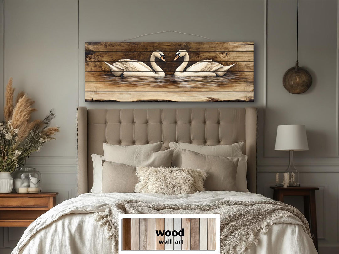 Swan Couple Real Long Horizontal Wood Wall Art