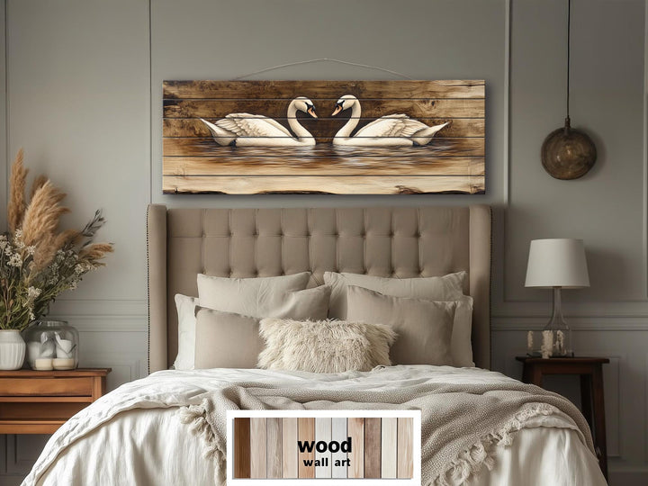 Swan Couple Real Long Horizontal Wood Wall Art