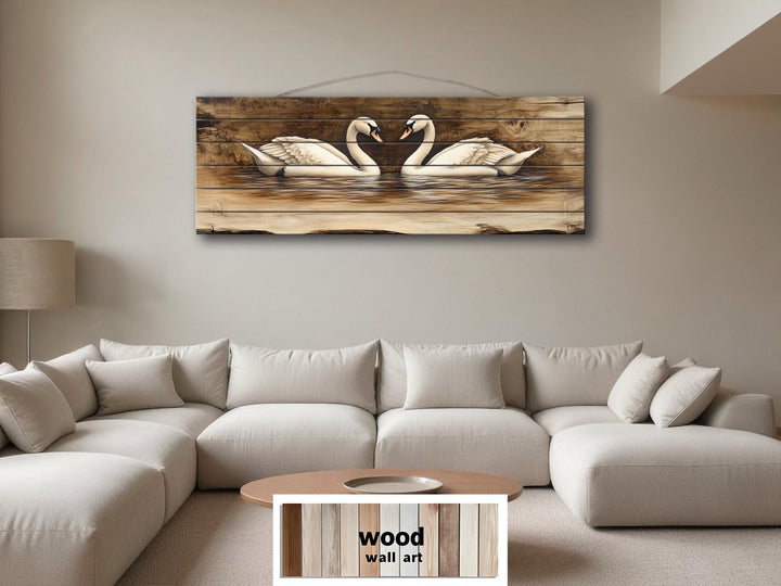 Swan Couple Real Long Horizontal Wood Wall Art