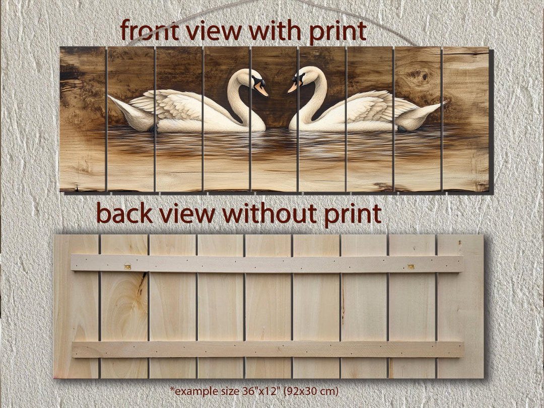 Swan Couple Real Long Horizontal Wood Wall Art