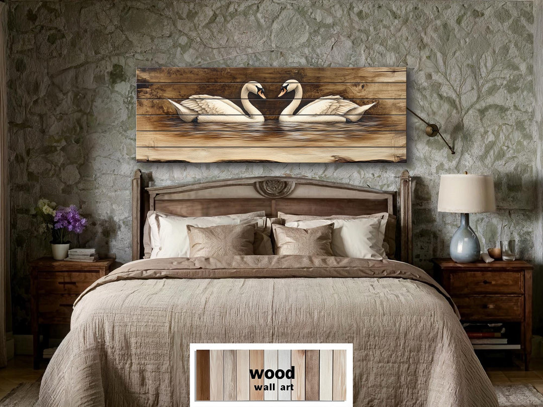 Swan Couple Real Long Horizontal Wood Wall Art