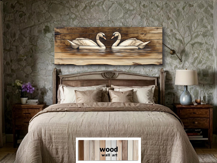 Swan Couple Real Long Horizontal Wood Wall Art