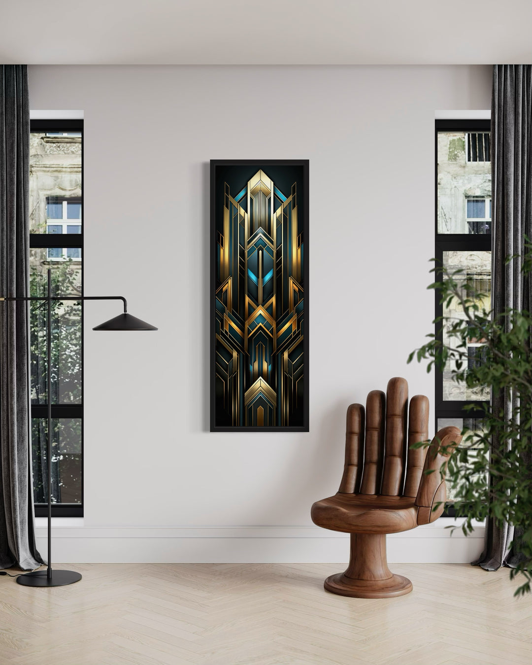 Tall Narrow Art Deco Gold Black Blue Vertical Framed Canvas Wall Art