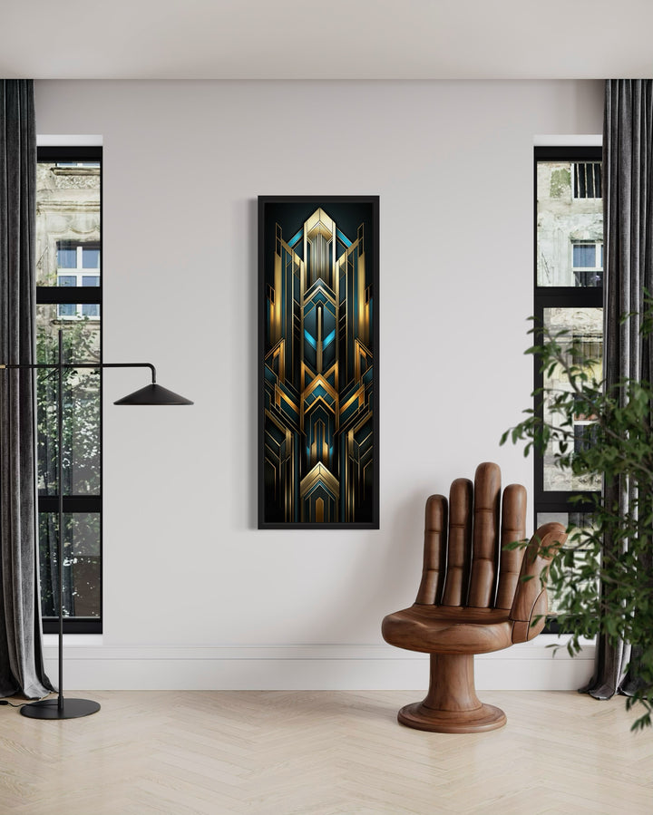 Tall Narrow Art Deco Gold Black Blue Vertical Framed Canvas Wall Art