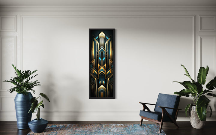 Tall Narrow Art Deco Gold Black Blue Vertical Framed Canvas Wall Art