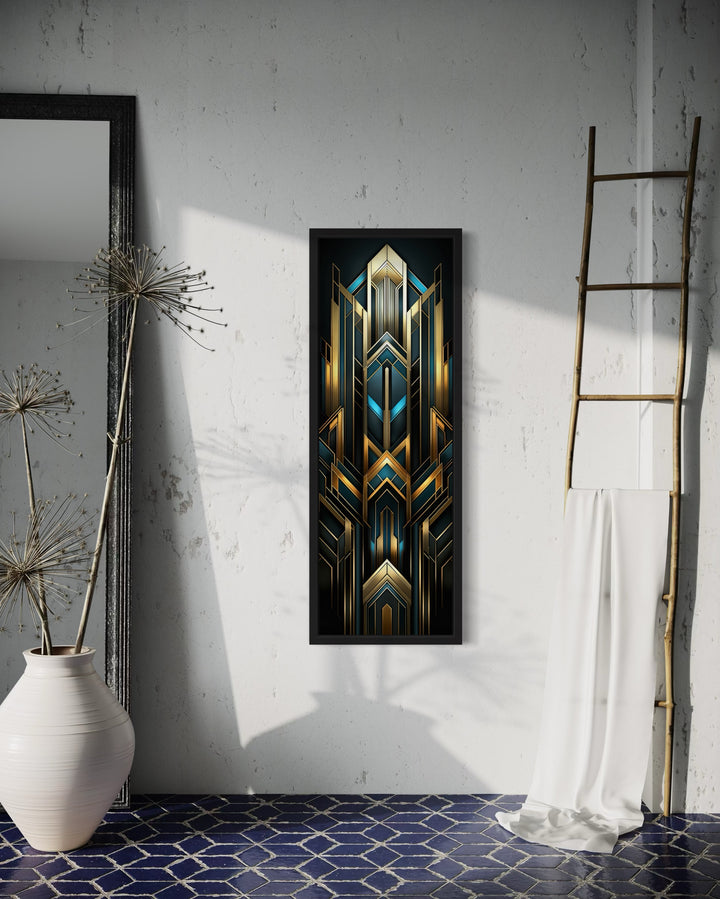 Tall Narrow Art Deco Gold Black Blue Vertical Framed Canvas Wall Art