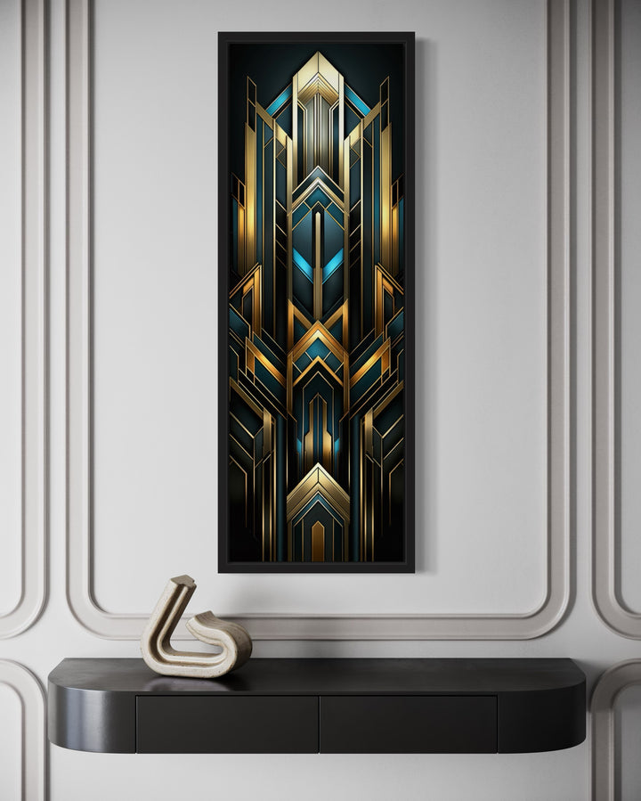 Tall Narrow Art Deco Gold Black Blue Vertical Framed Canvas Wall Art