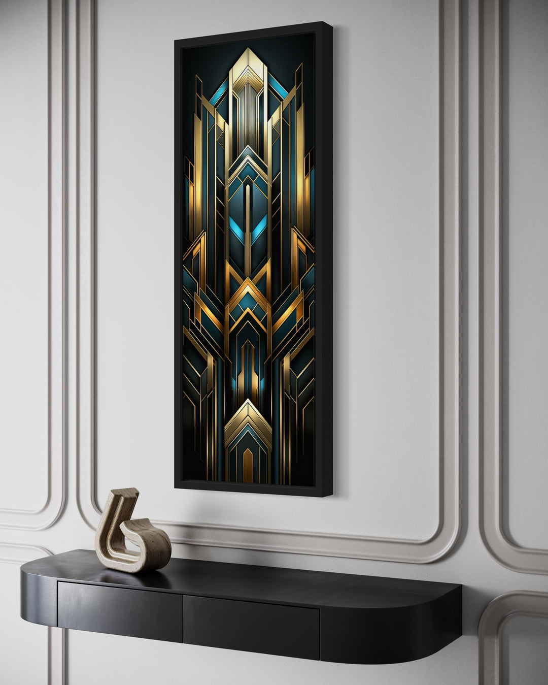 Tall Narrow Art Deco Gold Black Blue Vertical Framed Canvas Wall Art