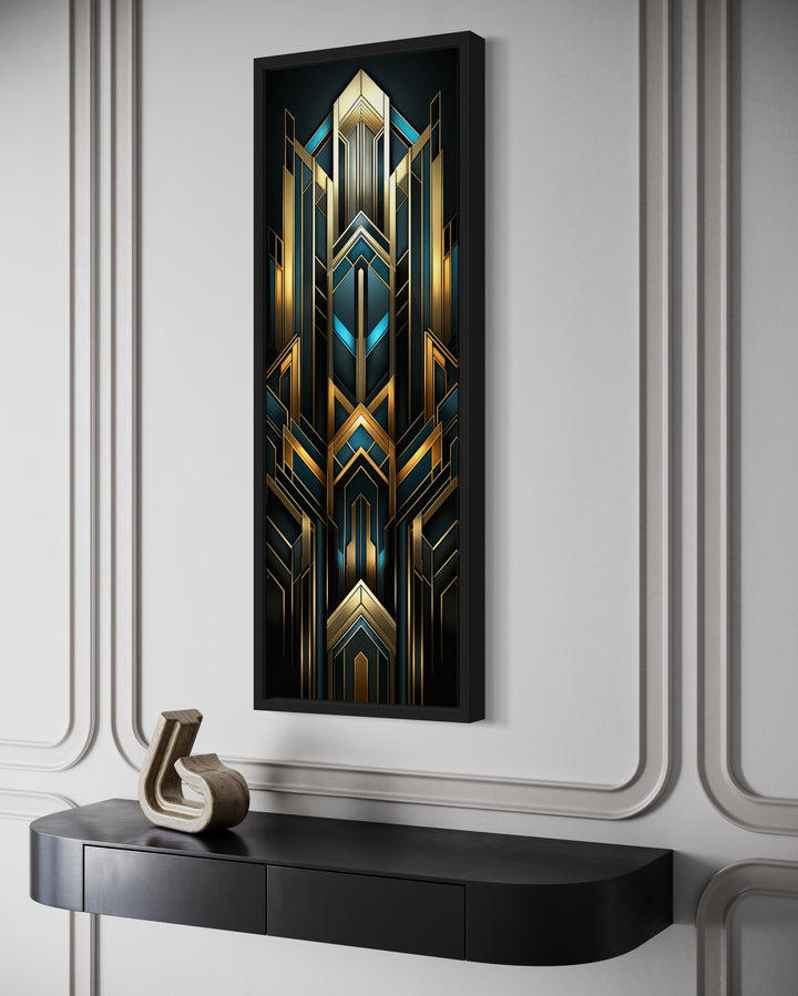 Tall Narrow Art Deco Gold Black Blue Vertical Framed Canvas Wall Art