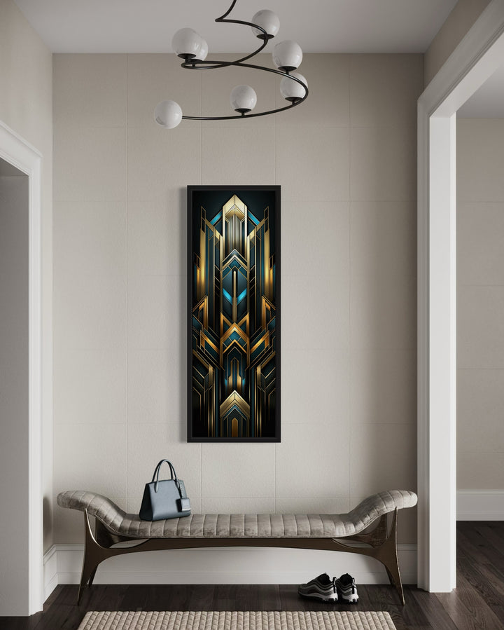 Tall Narrow Art Deco Gold Black Blue Vertical Framed Canvas Wall Art