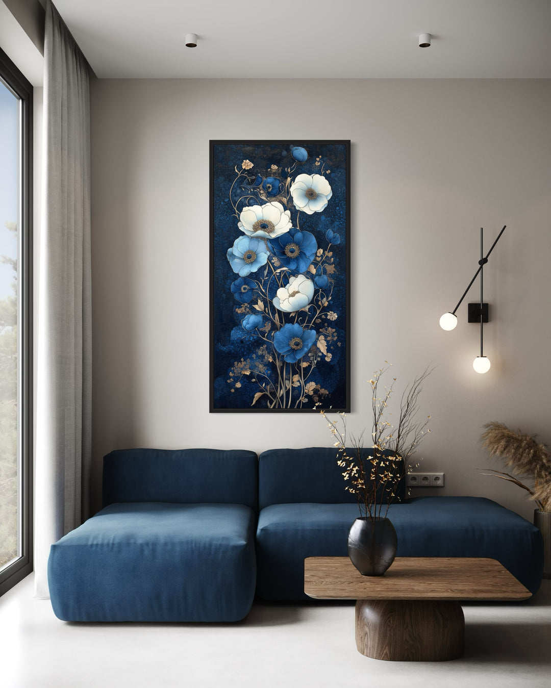 Tall Narrow Art Nouveau Blue White Floral Boho Vertical Framed Canvas Wall Art