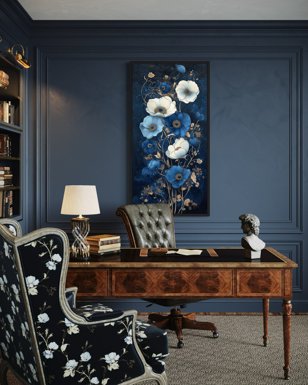 Tall Narrow Art Nouveau Blue White Floral Boho Vertical Framed Canvas Wall Art
