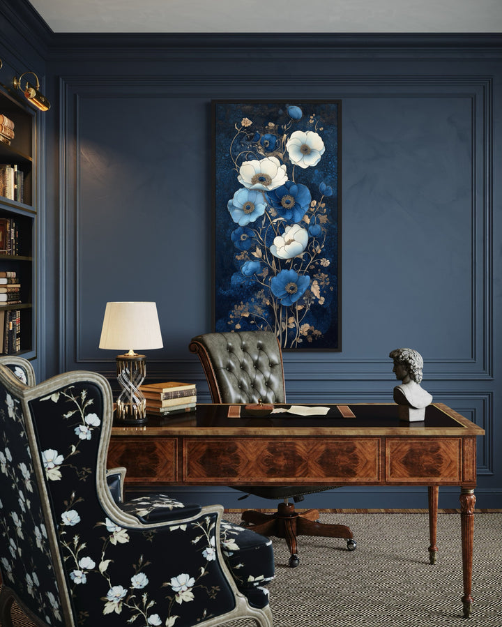 Tall Narrow Art Nouveau Blue White Floral Boho Vertical Framed Canvas Wall Art