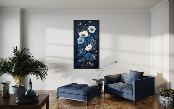 Tall Narrow Art Nouveau Blue White Floral Boho Vertical Framed Canvas Wall Art