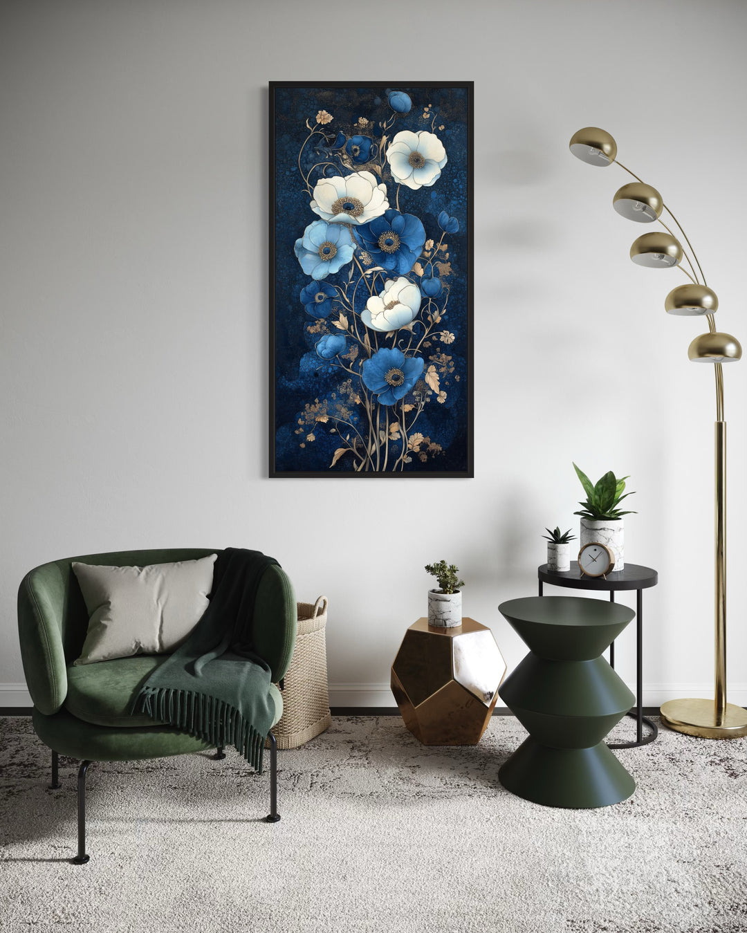 Tall Narrow Art Nouveau Blue White Floral Boho Vertical Framed Canvas Wall Art