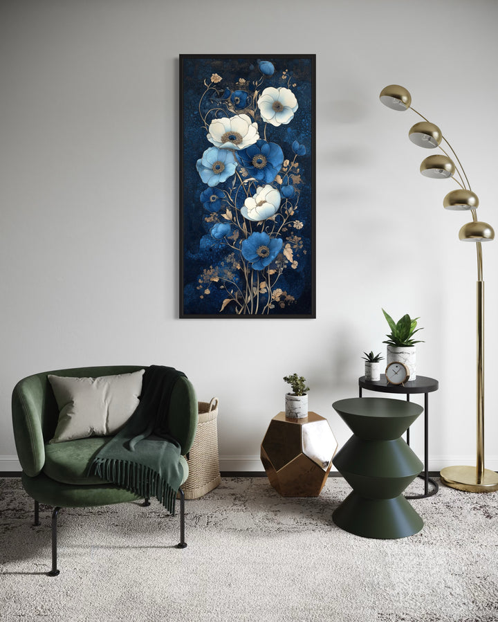 Tall Narrow Art Nouveau Blue White Floral Boho Vertical Framed Canvas Wall Art