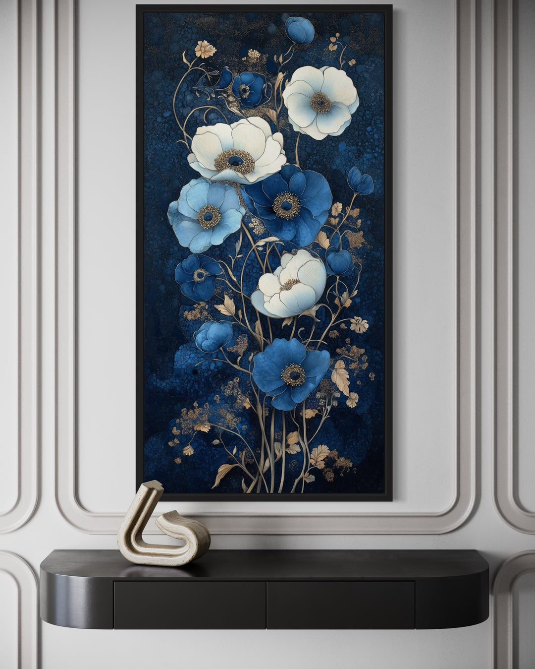 Tall Narrow Art Nouveau Blue White Floral Boho Vertical Framed Canvas Wall Art