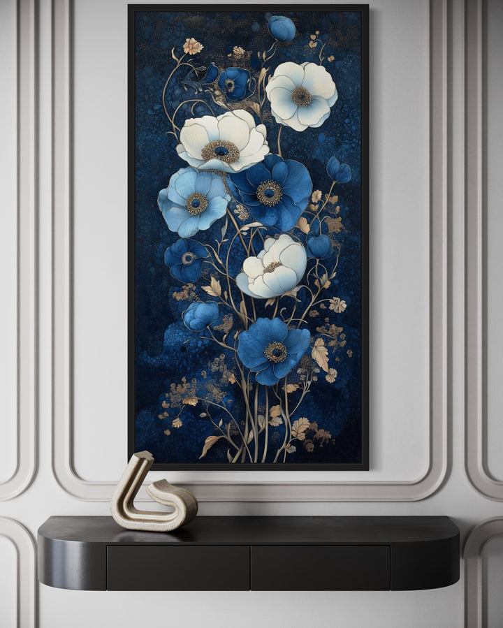 Tall Narrow Art Nouveau Blue White Floral Boho Vertical Framed Canvas Wall Art