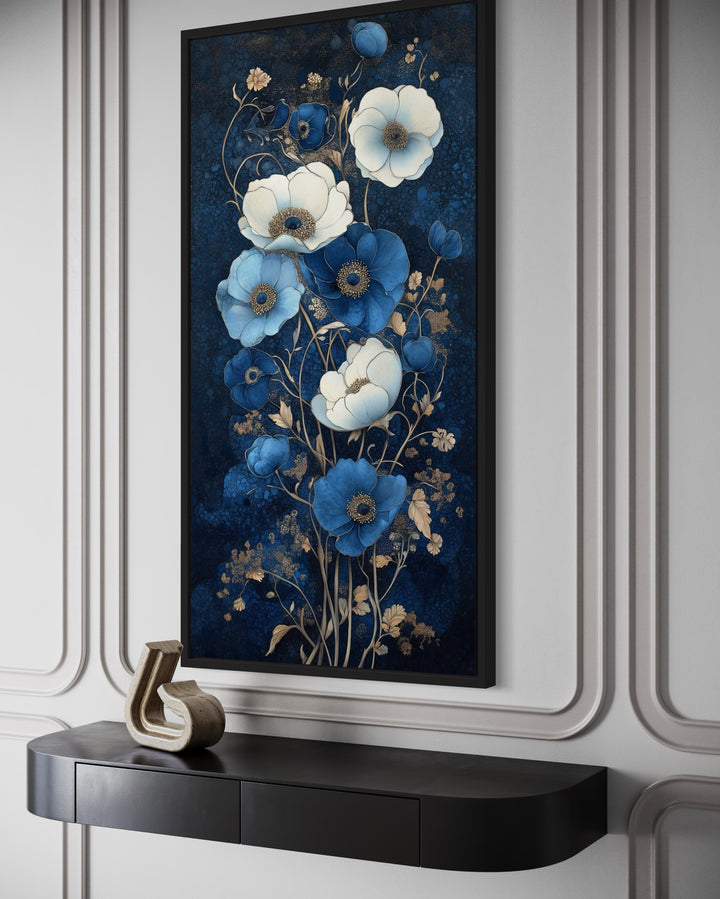 Tall Narrow Art Nouveau Blue White Floral Boho Vertical Framed Canvas Wall Art