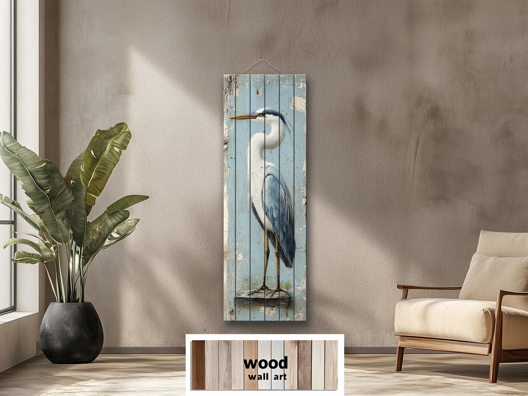 Tall Narrow Blue Heron Real Wood Wall Art
