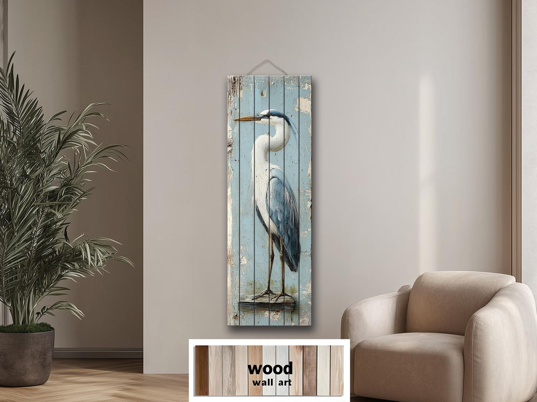 Tall Narrow Blue Heron Real Wood Wall Art