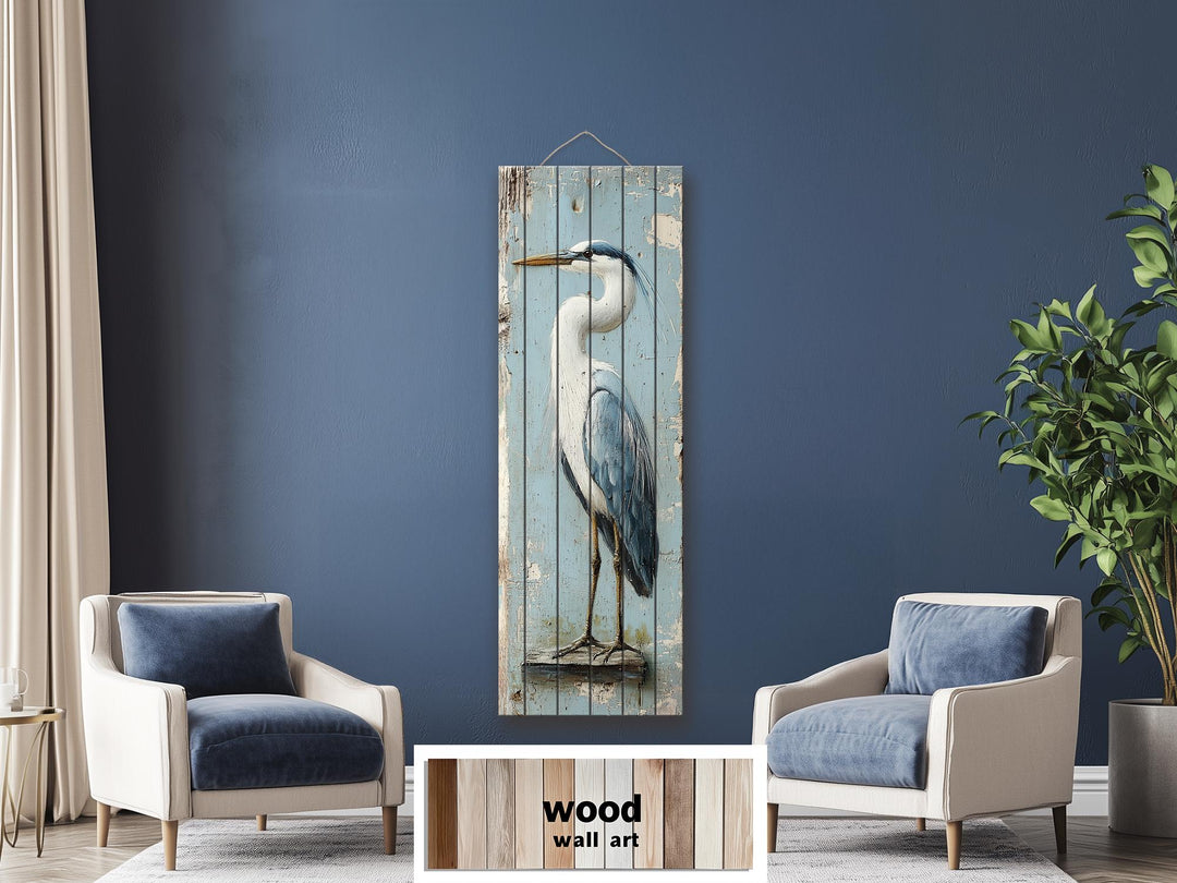 Tall Narrow Blue Heron Real Wood Wall Art