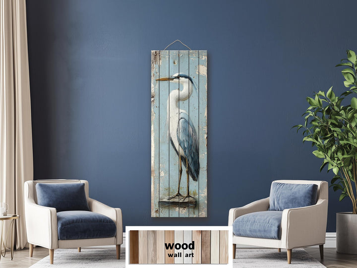 Tall Narrow Blue Heron Real Wood Wall Art