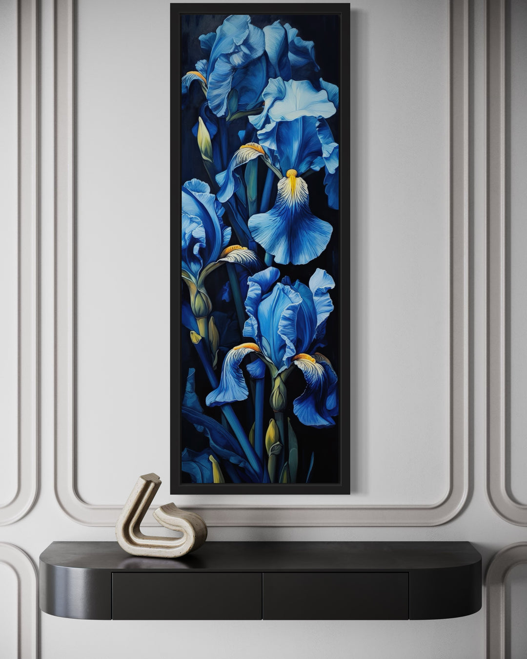 Tall Narrow Blue Irises on Black Background Vertical Framed Canvas Wall Art