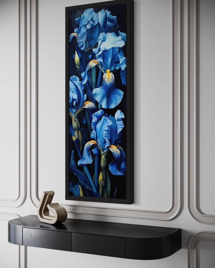 Tall Narrow Blue Irises on Black Background Vertical Framed Canvas Wall Art