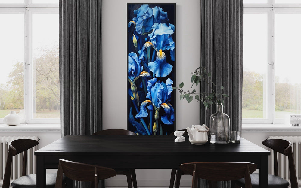 Tall Narrow Blue Irises on Black Background Vertical Framed Canvas Wall Art