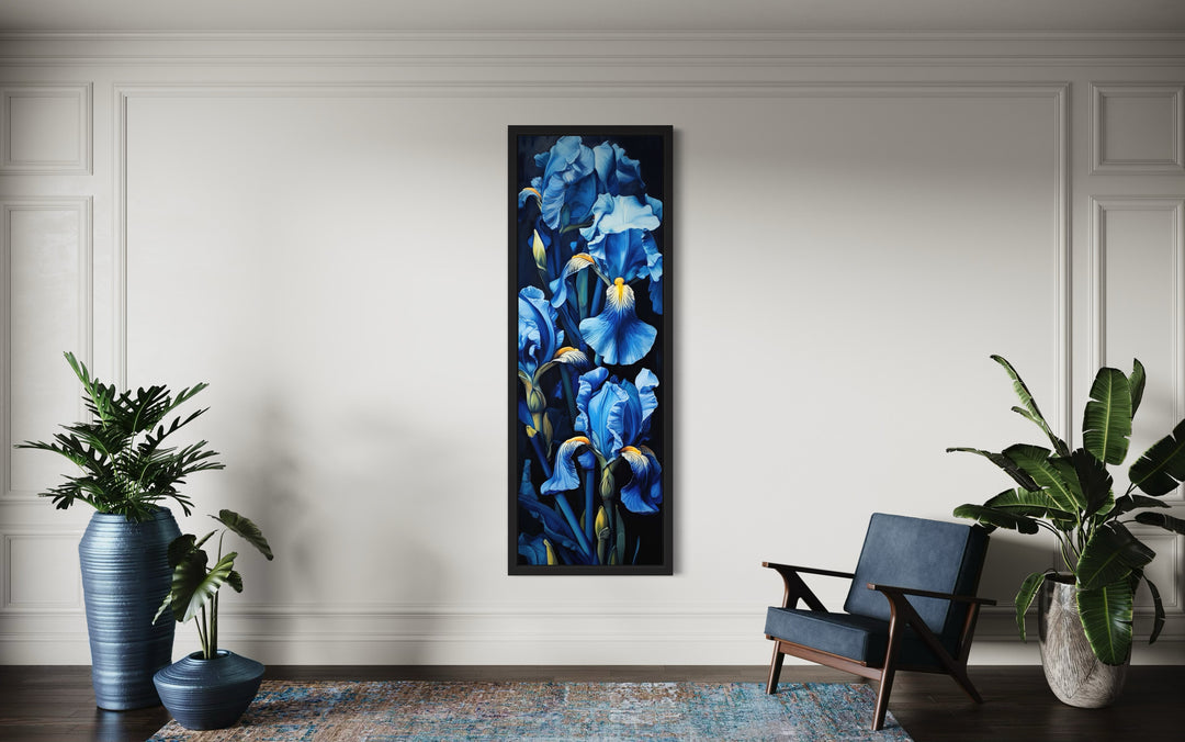 Tall Narrow Blue Irises on Black Background Vertical Framed Canvas Wall Art