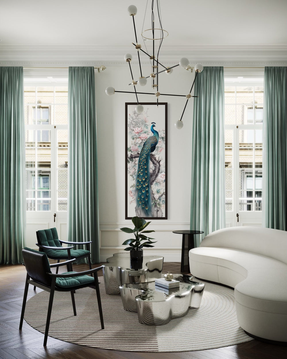 Tall Narrow Chinoiserie Peacock Vertical Framed Canvas Wall Art