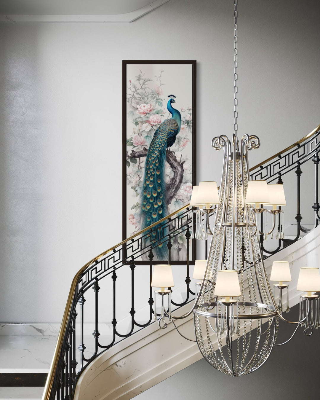 Tall Narrow Chinoiserie Peacock Vertical Framed Canvas Wall Art
