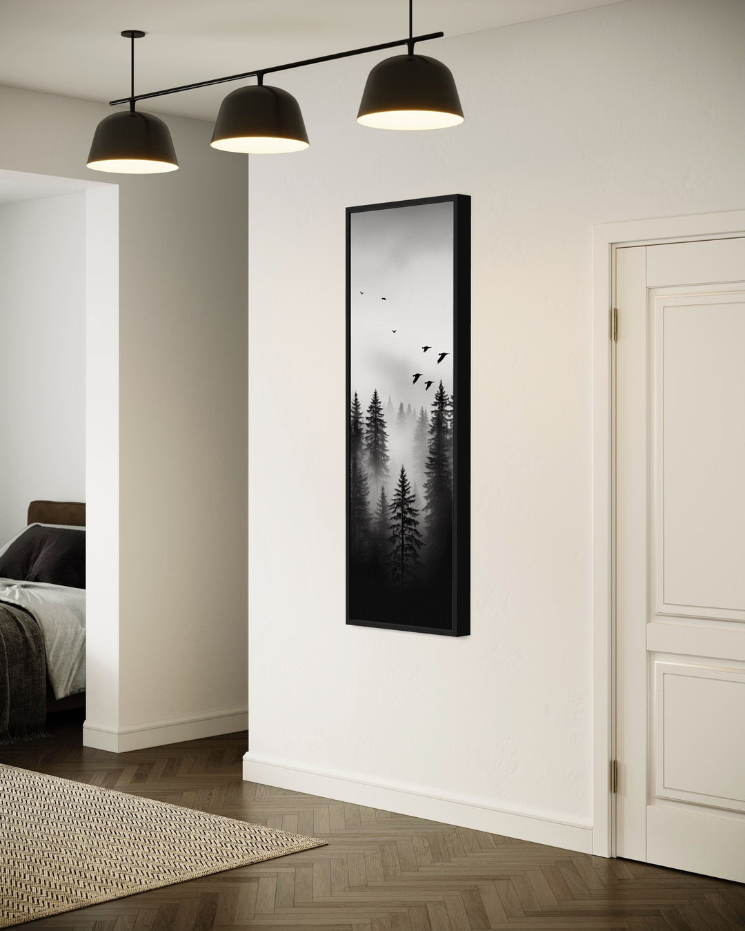 Tall Narrow Foggy Forest Black White Vertical Framed Canvas Wall Art