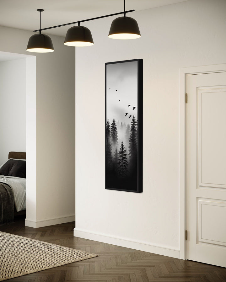 Tall Narrow Foggy Forest Black White Vertical Framed Canvas Wall Art