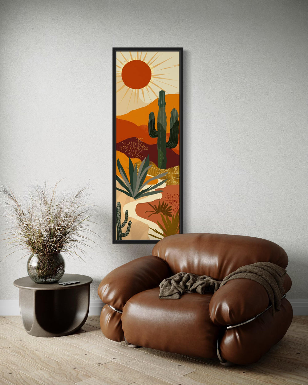 Tall Narrow Mid Century Modern Desert Framed Canvas Wall Art