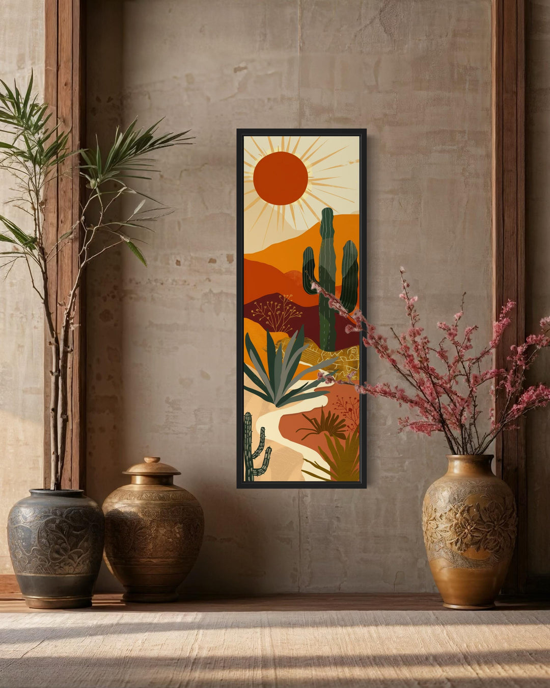 Tall Narrow Mid Century Modern Desert Framed Canvas Wall Art