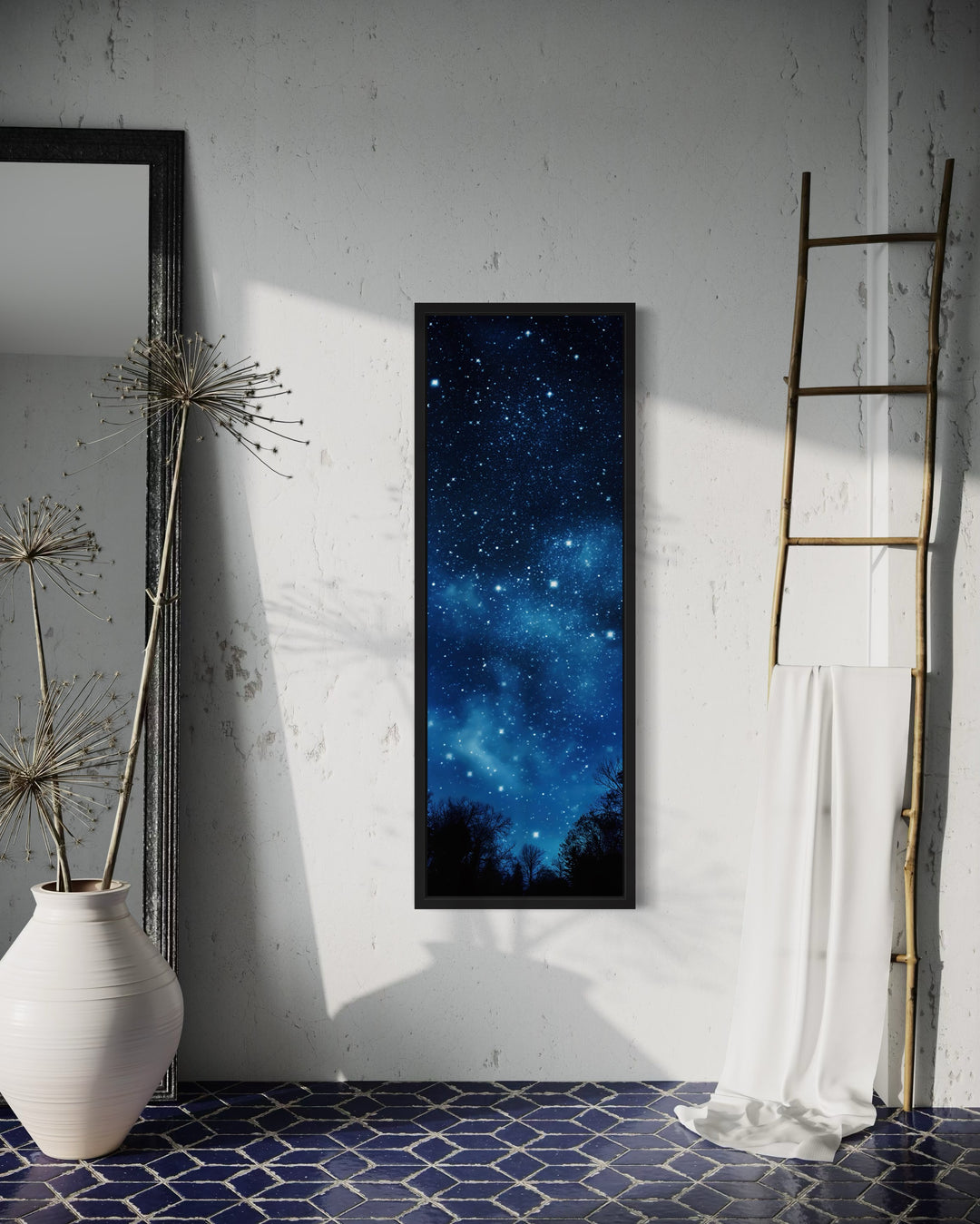 Tall Narrow Milky Way Stars Navy Blue Vertical Framed Canvas Wall Art