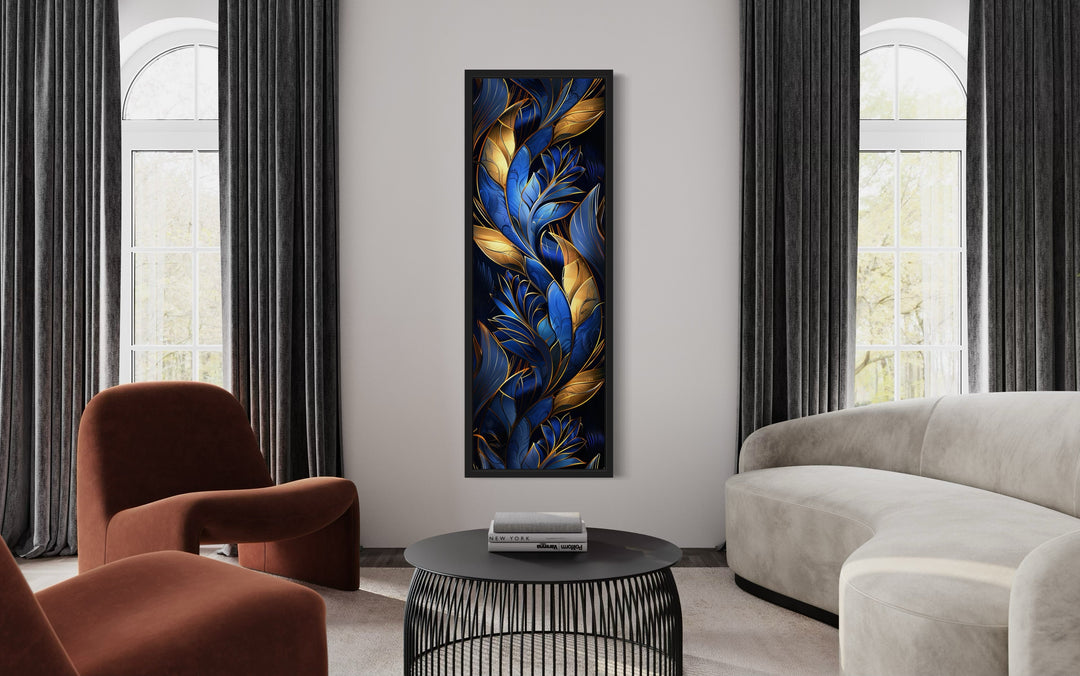 Tall Narrow Navy Blue Gold Art Deco Framed Canvas Wall Art