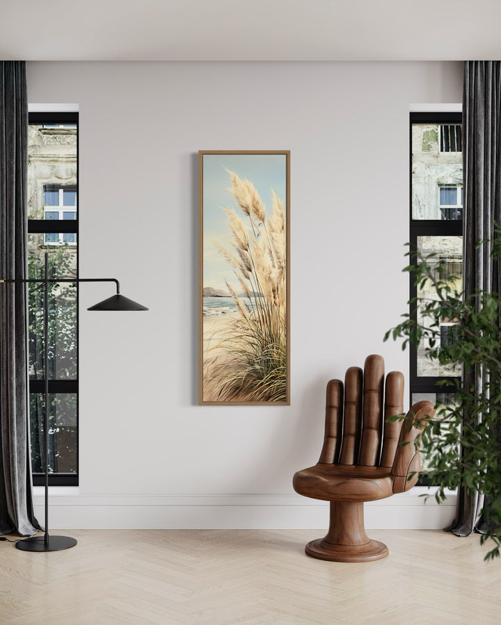 Tall Narrow Pampas Grass On The Beach Vertical Framed Canvas Wall Art
