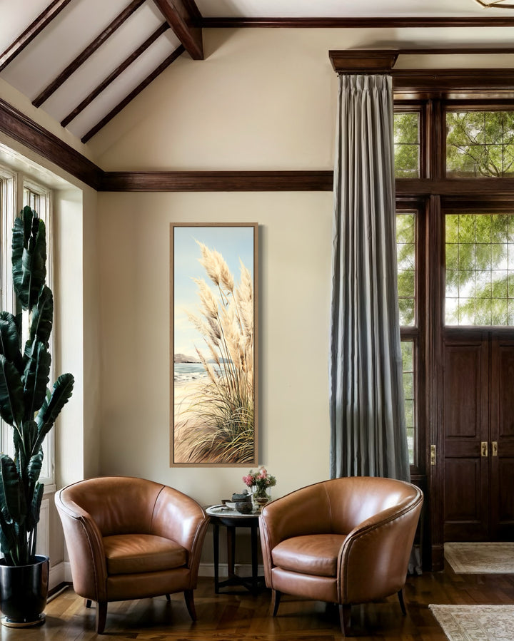 Tall Narrow Pampas Grass On The Beach Vertical Framed Canvas Wall Art