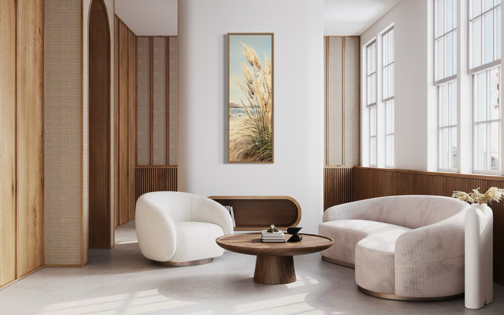 Tall Narrow Pampas Grass On The Beach Vertical Framed Canvas Wall Art