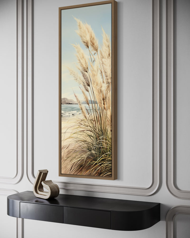 Tall Narrow Pampas Grass On The Beach Vertical Framed Canvas Wall Art